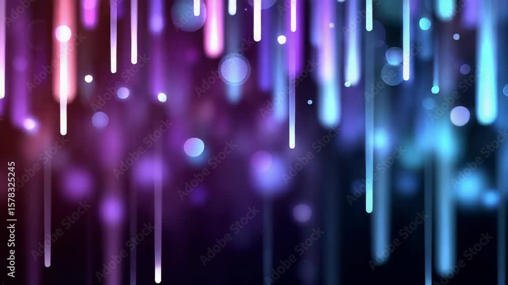 Poster colorful abstract background with vertical lines and bokeh lights in gradient hues of blue, purple, 