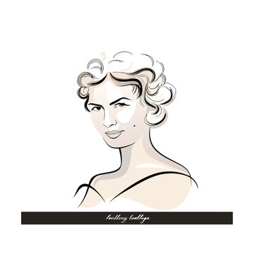 Hedcut Inspired Portrait Of A Woman In Stippling Engraving Style For Classic Fashion vector line art on white background