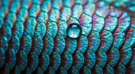 Obraz premium Iridescent Scales and Water Droplet,Macro View of Fish Scales with a Single Water Droplet Emphasizing Texture
