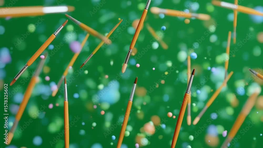 Poster colorful particles and paintbrushes floating dynamically against a vibrant green background