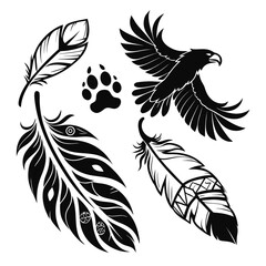 Tribal eagle feathers and paw print design black