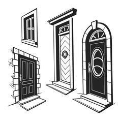 Various architectural doorways and window designs entrance