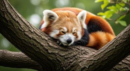 Adorable Red Panda Resting Peacefully on a Tree Branch Amidst Lush Greenery
