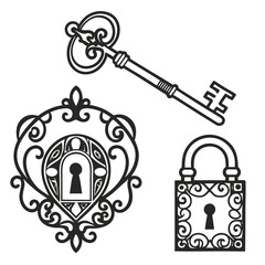 Vintage key and lock ornate icons antique