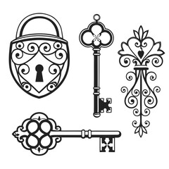 Vintage lock and ornate keys vector