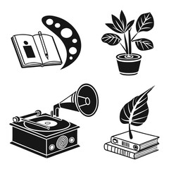 Vintage record player plant book and notepad icons