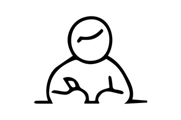 The image is a simple, black-and-white line drawing depicting the upper body of a stylized human figure resting its arms on a surface, possibly a table or desk.
