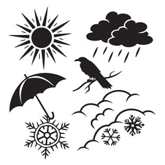 Weather icons sun rain clouds bird snowflake umbrella