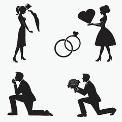 Wedding couple heart rings proposal bouquet vector