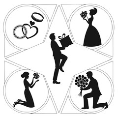 Wedding proposal bride groom gift rings bouquet vector
