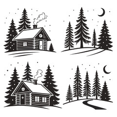 Winter cabins and pine trees with moon forest snow