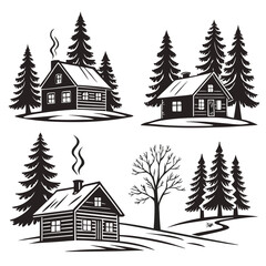 Winter cabins and pine trees forest snow