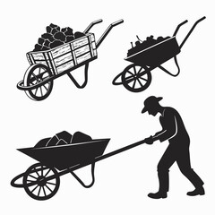 Wooden carts and wheelbarrow with cargo and worker