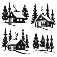 Winter cabin and pine tree silhouettes house forest