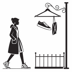 Woman walking past display of shoes and bag fashion