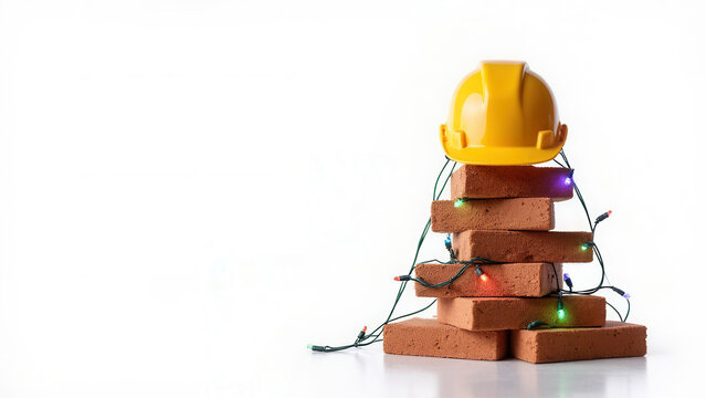 Little hardhat and red bricks christmas tree with decoration and copy space christmas card for the construction industry