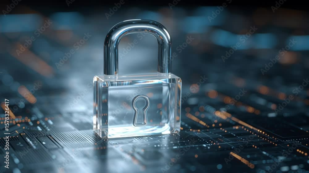 Poster transparent padlock symbol of security and protection for digital data on circuit boards, ensuring t
