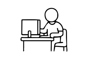 The image is a simple, black-and-white line drawing depicting a stylized human figure sitting at a desk and using a computer.