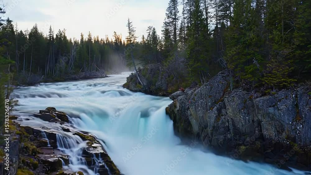 Poster rushing waterfall cascading through lush forest at dawn
