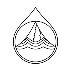 Outline Of Mountain Range Inside Water Drop Representing Eco Travel And Natural Resources Designvector line art on white background