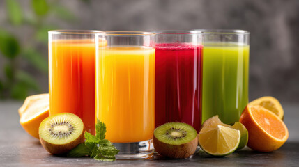 Fototapeta premium Four glasses of fresh fruit juices in orange, yellow, red, and green colors, surrounded by kiwi, lemon, and orange slices on a dark surface.