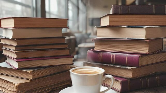 Steaming cup of coffee sits on table near stacks of old books
