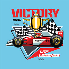 Hyperspeed race car with red and white color, gold trophy, and Victory typography in emblem logo cartoon illustration