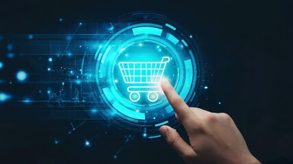 dark tech-style close-up of hand tapping holographic glowing shopping cart icon digital interface with sparkles  - Powered by Adobe