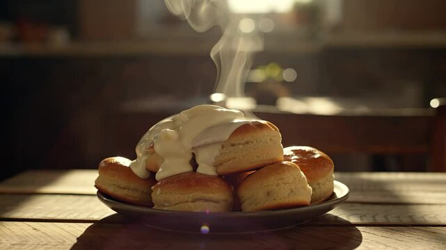 Steamed buns with cream on plate in cozy kitchen, homemade sweet baking, breakfast comfort food
