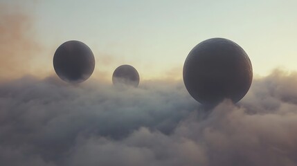Abstract spheres ascending through cloudy atmosphere
