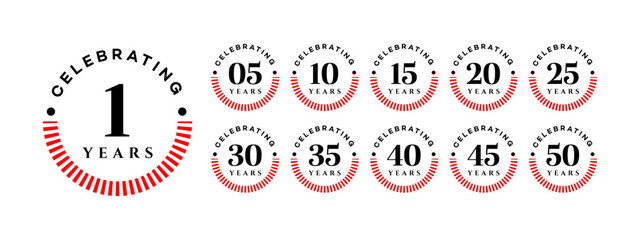 Ten circular logos celebrate 5, 10, 15, 20, 25, 30, 35, 40, 45, and 50 years with red stripes and black text on a white background.