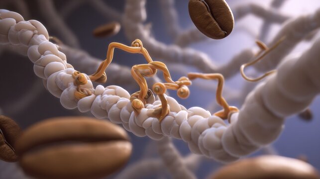 Surreal molecular structure with coffee-hued energy waves activating cells, depicting anti-aging research.