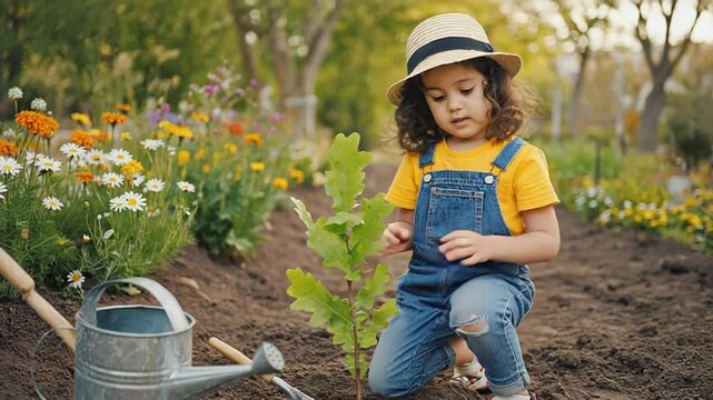 Little gardener girl planting an oak sapling in garden