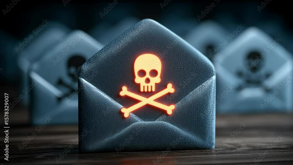 Poster email communication security hidden malware threats in attachments symbolized by skull and crossbone