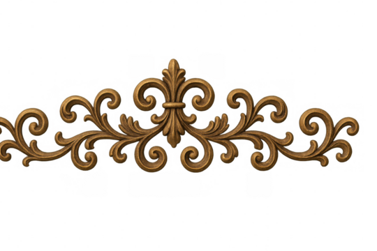 Golden fleur-de-lis ornament featuring intricate swirling details, providing sophisticated decorative border element with elegant heraldic design on transparent background