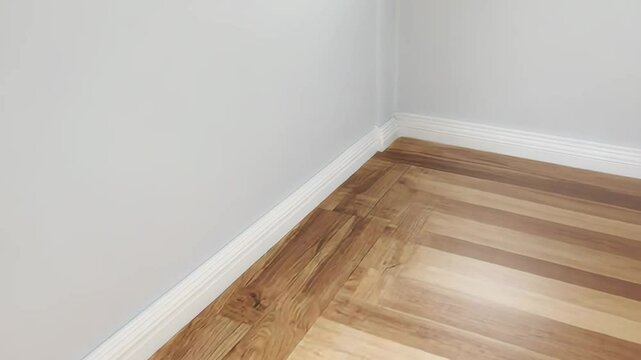 White skirting board on light grey wall with herringbone parquet flooring