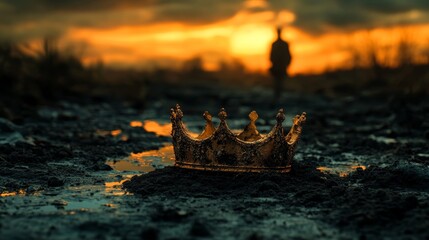 A weathered crown lies on muddy ground at sunset, with a blurred figure in the background, evoking themes of lost power and solitude.