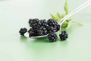 A bunch of ripe blackberries in macro format on a green background
