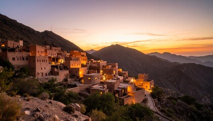 Obraz premium Majestic Mountain Village Sunset.