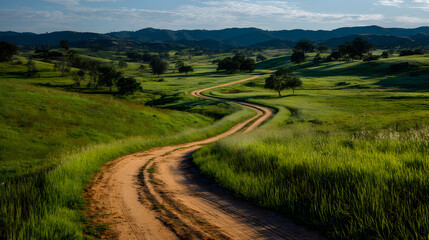 Obraz premium A scenic winding dirt road meanders through vibrant green rolling hills dotted with mature trees under a clear blue sky, evoking a sense of tranquil journey and natural beauty in the countryside.