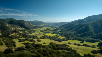Fototapeta premium Serene Verdant Valley with Winding River and Rolling Hills Under a Clear Blue Sky