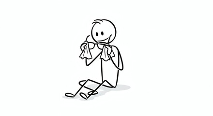 Stick Figure Cleaning Glasses with Cloth, Isolated on White Background