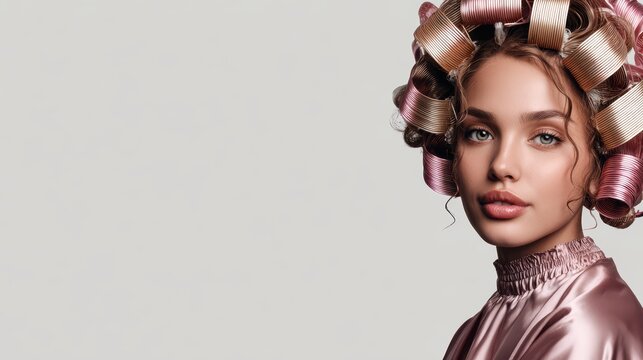 Elegant woman with professional hair rollers and stylish makeup wea satin blouse on neutral background - Powered by Adobe