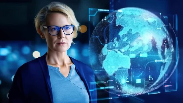 Confident businesswoman with short blonde hair and blue glasses stands near digital globe, using futuristic technology and digital interface - Powered by Adobe