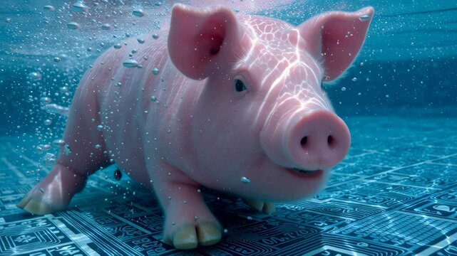 Playful Pig Figurine Swimming Underwater, Surrounded by Bubbles and Digital Patterns, Evokes Whimsy and Innovation in Water Technology