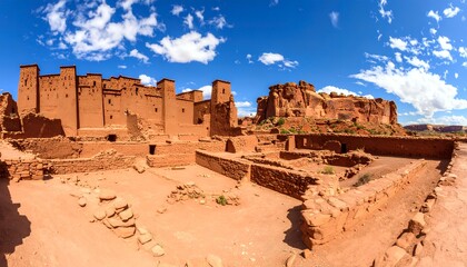 Ancient Moroccan Kasbah Ruins Under Blue Sky.