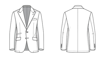 Detailed outline of a men's blazer illustrating front and back views for design purposes