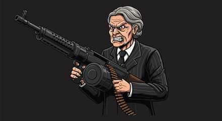 Fototapeta premium Elderly Woman with Machine Gun Depicted in Animated Illustration on Dark Background