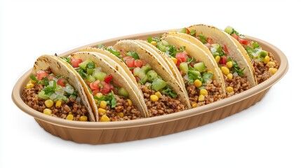 Delicious vegetarian tacos with seasoned ground beef, fresh vegetables, and colorful toppings on a ceramic platter