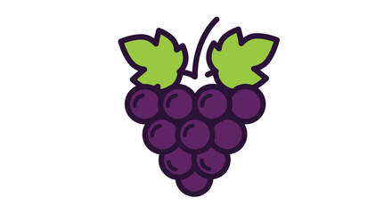 Illustrated depiction of a bunch of grapes with green leaves isolated on a white background